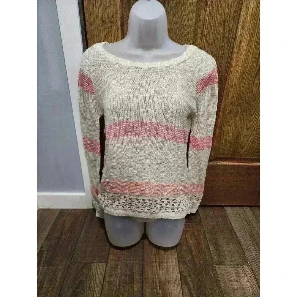 Maurices Small Striped Cream PinkOpen Knit Long Sleeve Pullover Sweater